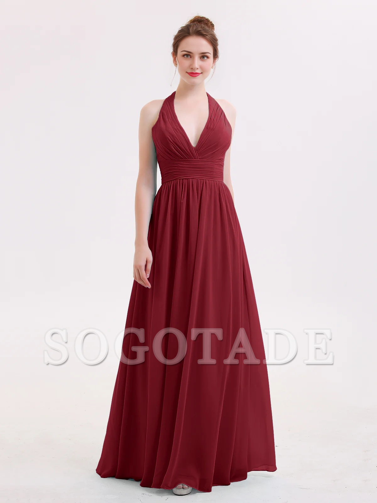 Hanging neck V-neck chiffon bridesmaid dress