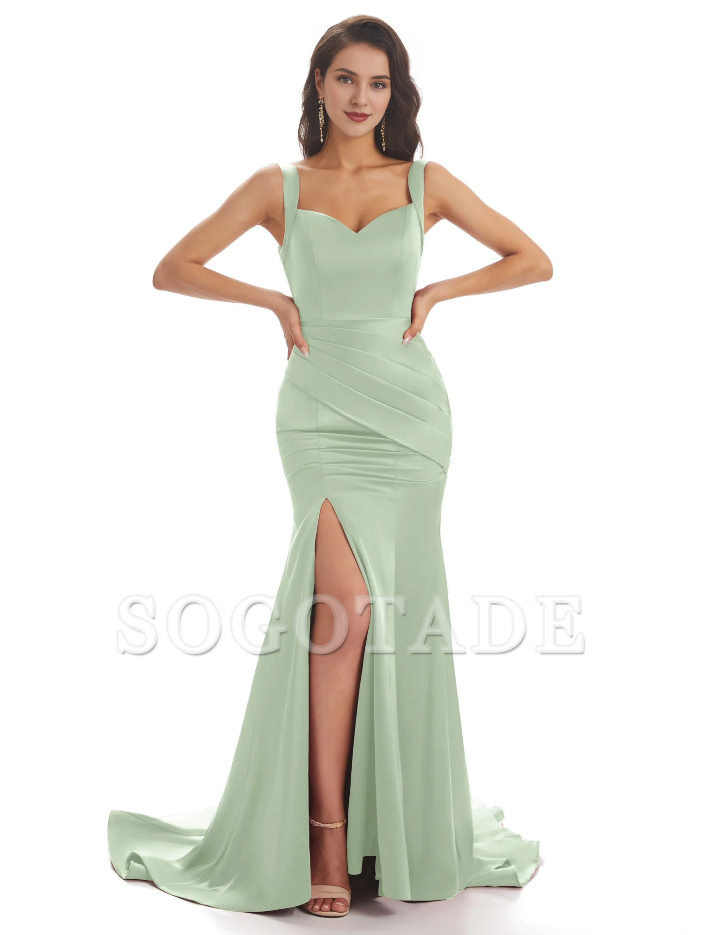 Sexy and soft satin side slit shoulder strap square and floor length fishtail bridesmaid dress