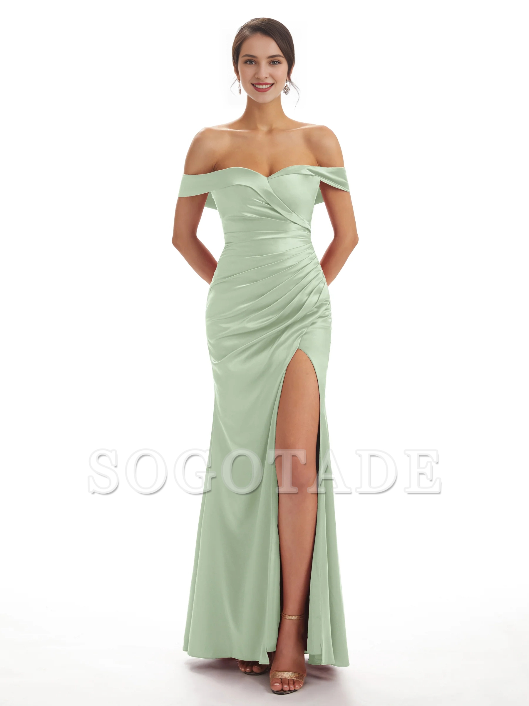 Sexy side slit shoulder fishtail soft satin bridesmaid dress
