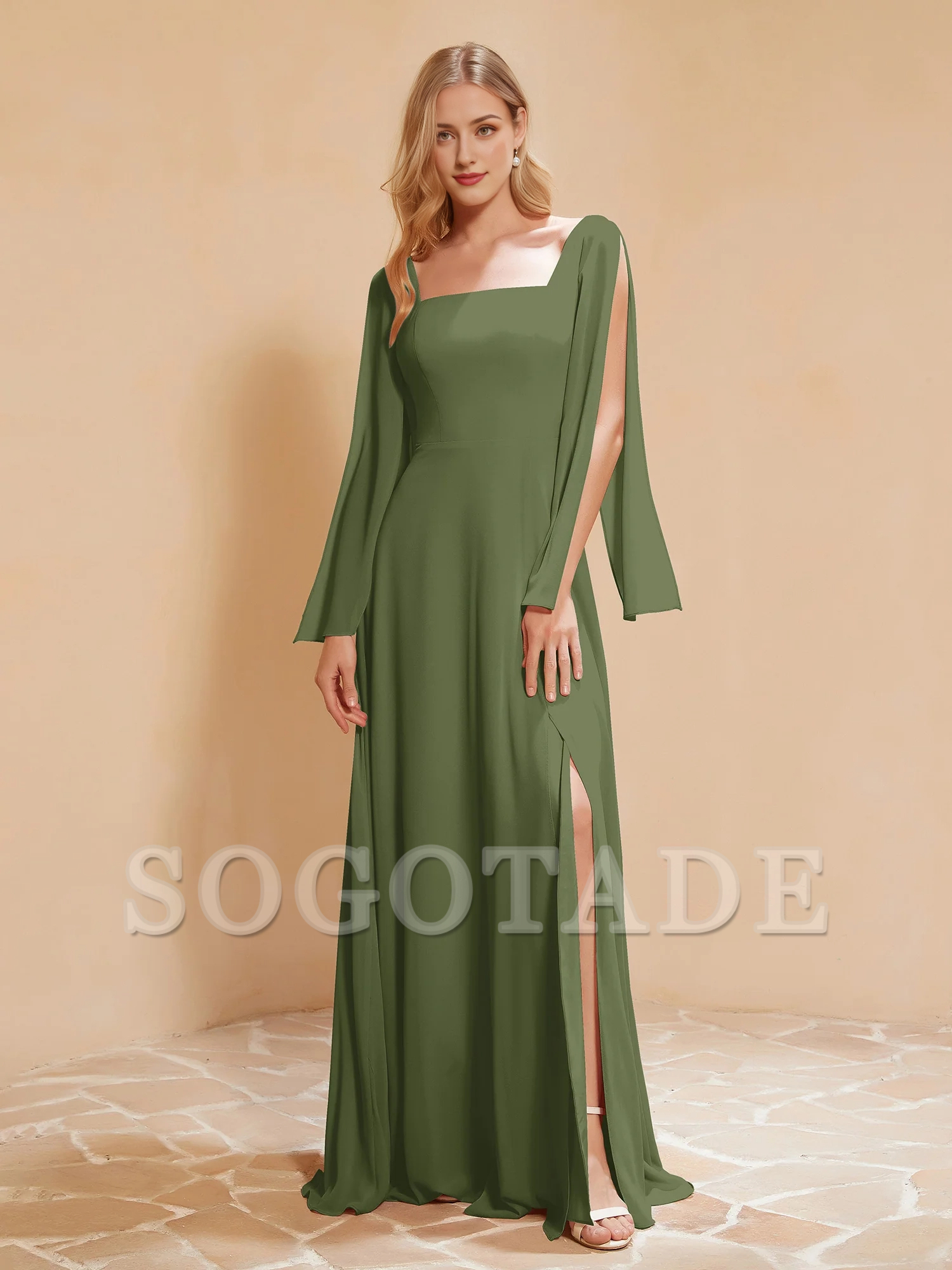 Square neck pleated chiffon and floor dress