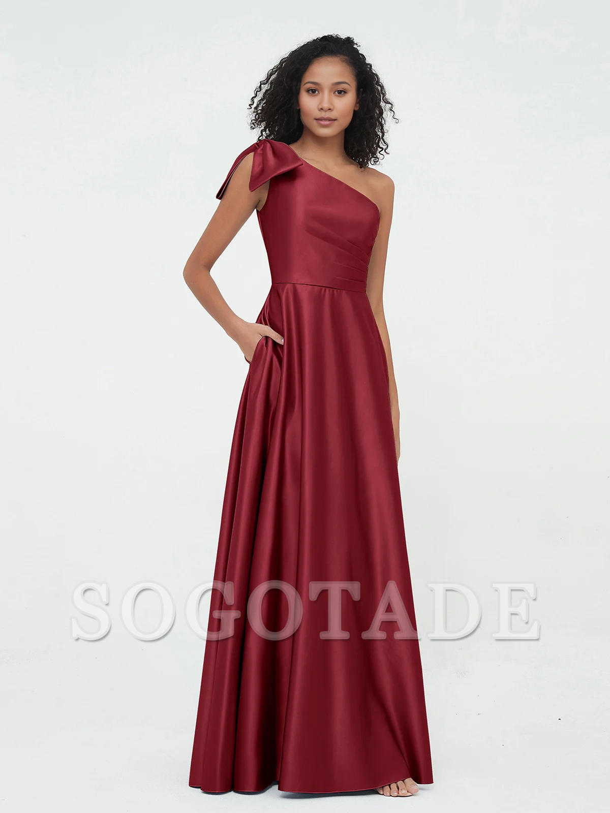Pocket one shoulder long satin bridesmaid dress