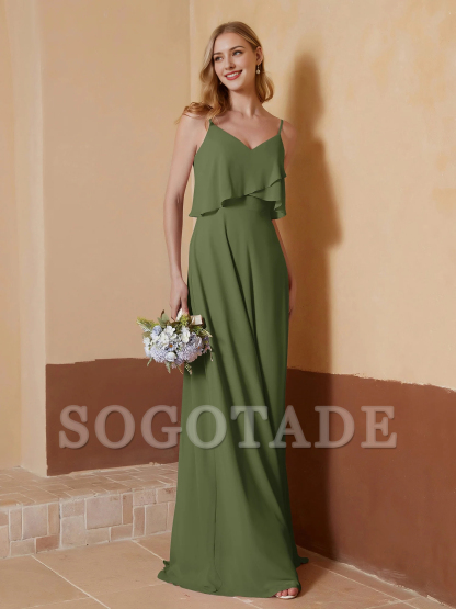 V-neck slim shoulder strap ruffled chiffon A-line dress