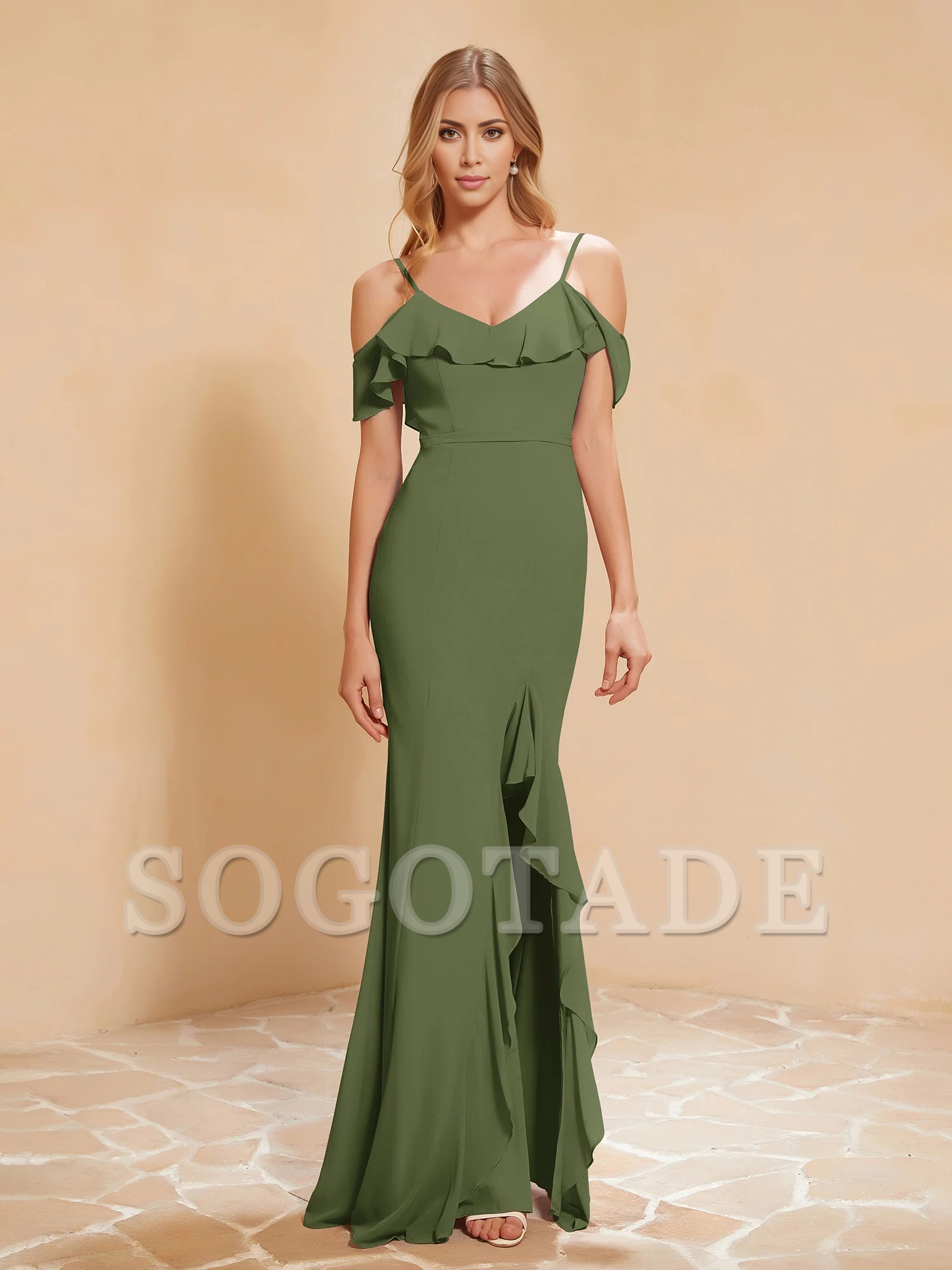 Ruffle V-neck floating sleeve fishtail chiffon dress