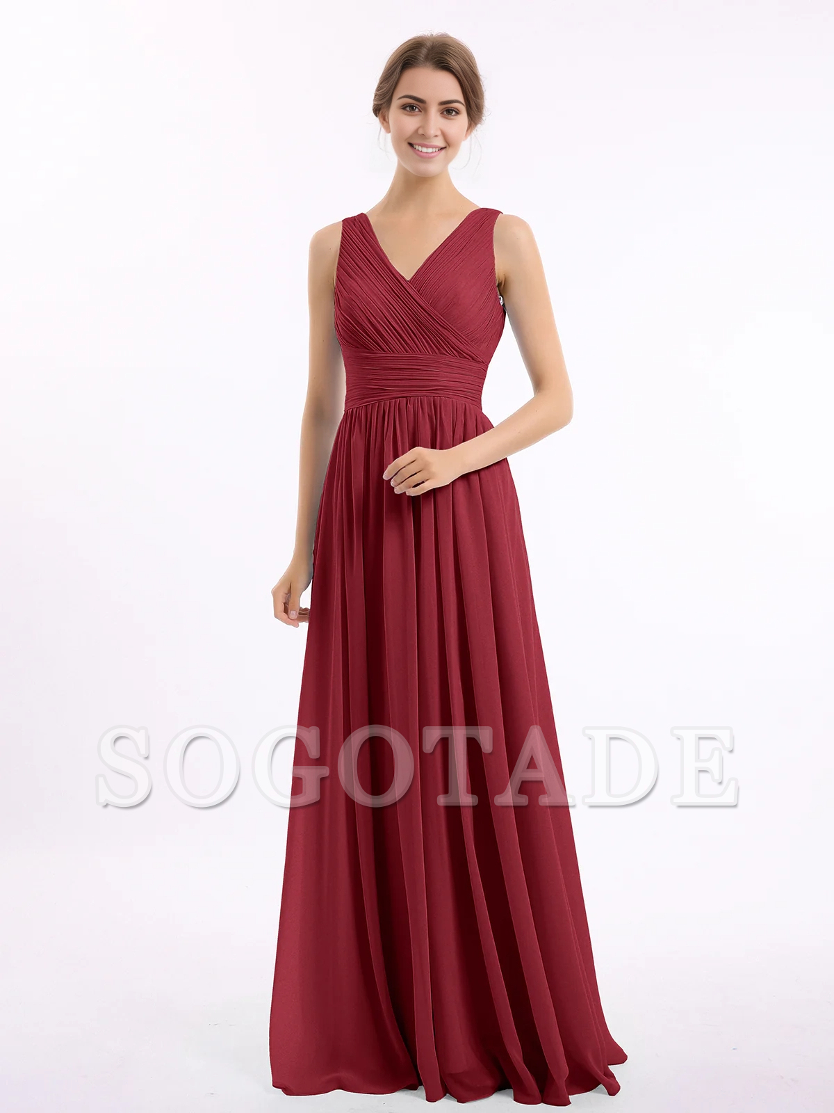 V-neck and floor chiffon dress