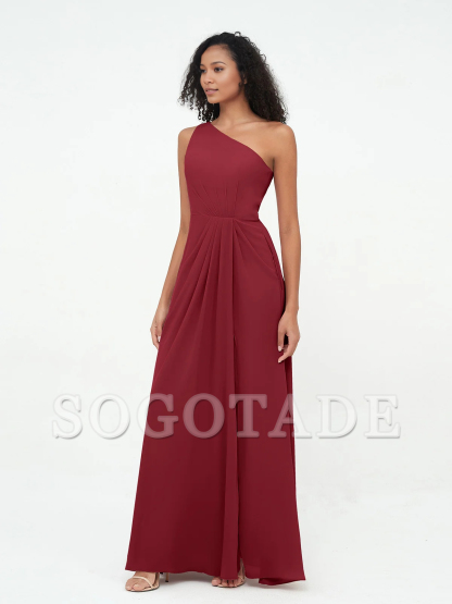 Split grey rose one shoulder chiffon bridesmaid dress