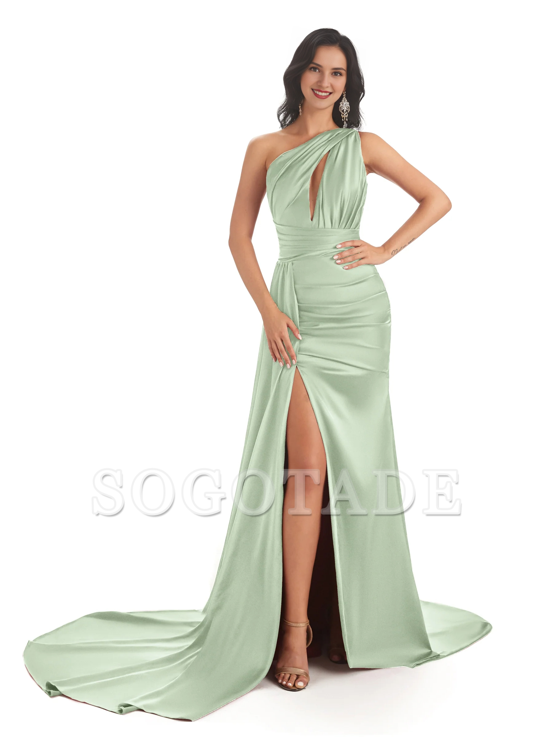 Sexy and soft satin side slit one shoulder fish tail long wedding bridesmaid dress