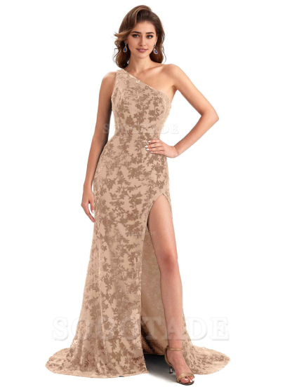 Elegant One Shoulder Side Slit Mermaid Floral Velvet Long Bridesmaid Dresses Online