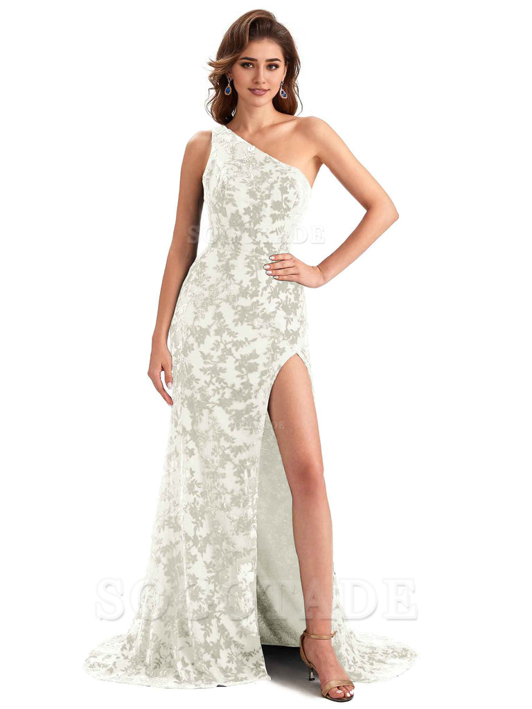 Elegant One Shoulder Side Slit Mermaid Floral Velvet Long Bridesmaid D