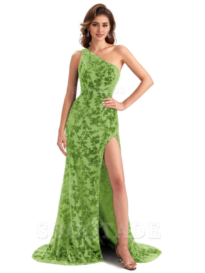 Elegant One Shoulder Side Slit Mermaid Floral Velvet Long Bridesmaid Dresses Online