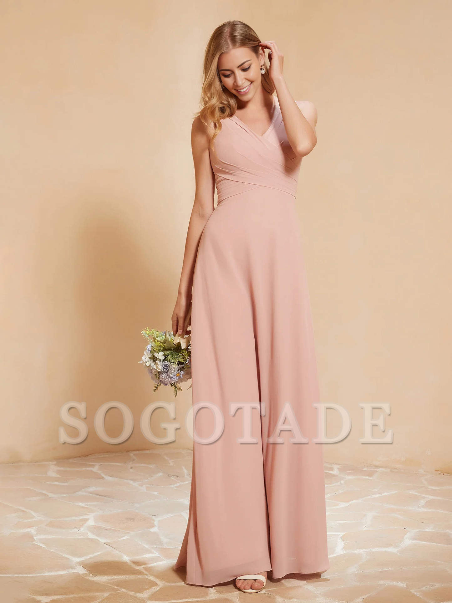 Bow pleated V-neck chiffon A-line dress