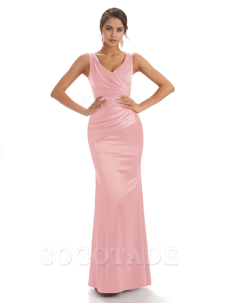 Sheath Sleeveless V-neck Floor-Length Satin formal dresses evening gown Bridesmaid Dresses With Pleats 