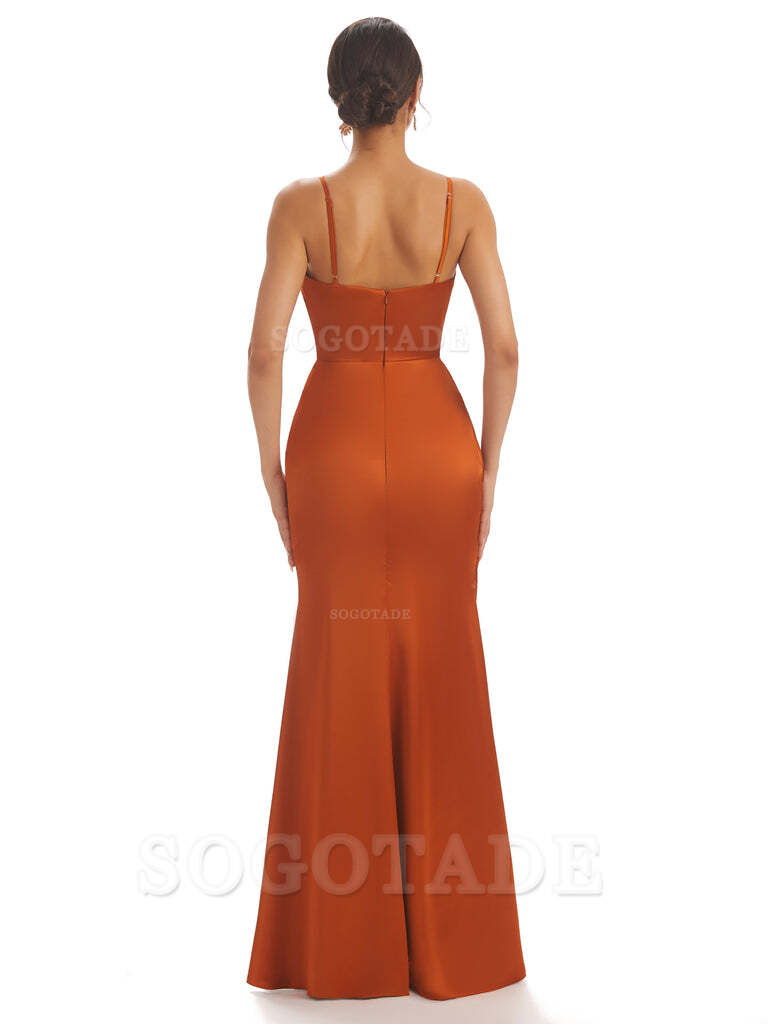 Spaghetti Straps Pleats Satin formal dresses evening gown Bridesmaid Dresses With Side Slit 