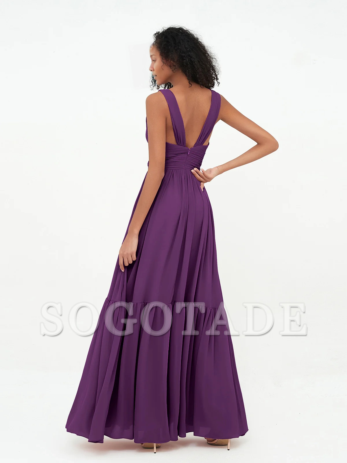 Deep V-neck chiffon layered skirt Bohemian style dress
