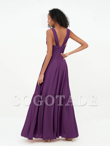 Deep V-neck chiffon layered skirt Bohemian style dress