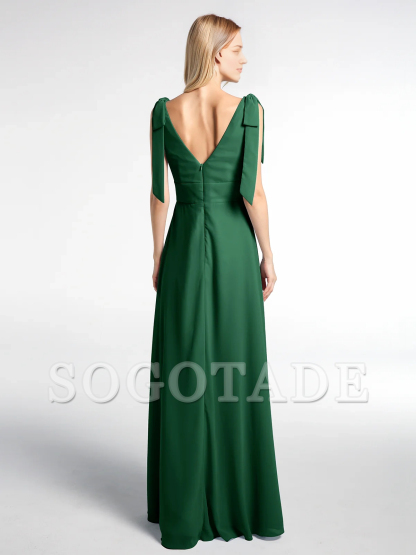 Bow flat ribbon chiffon front slit long skirt