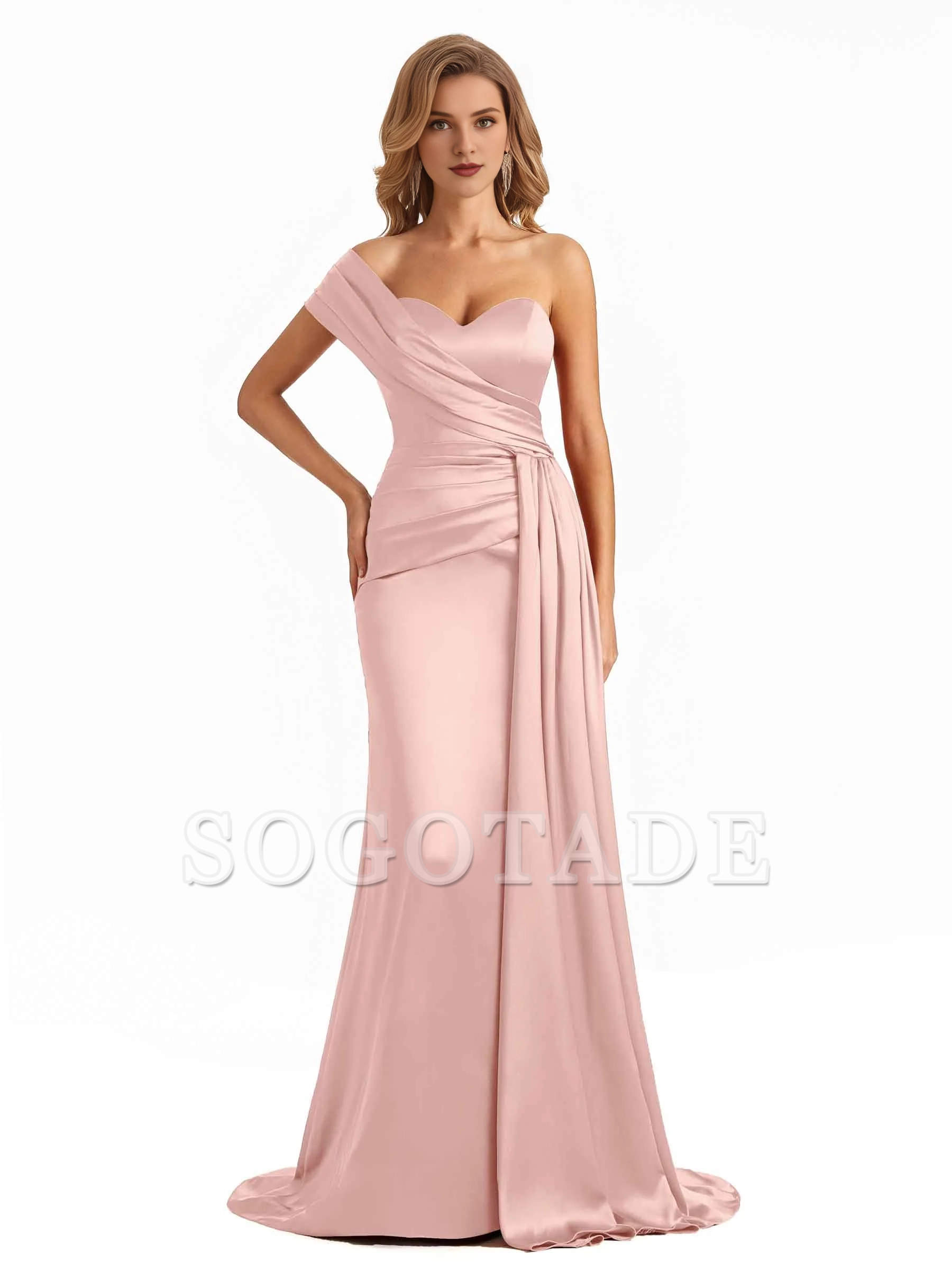 Elegant one shoulder soft satin long fish tail bridesmaid dress