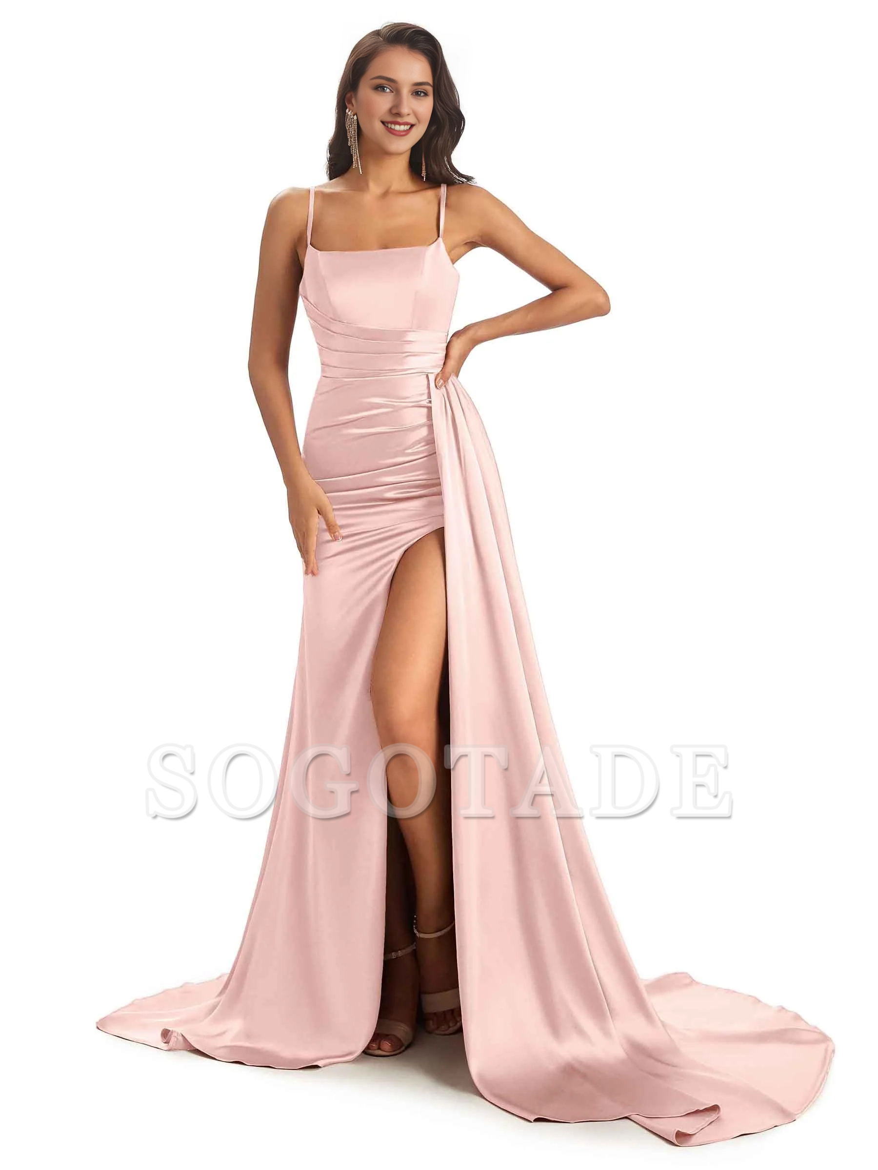 Sexy and soft satin side slit thin shoulder strap long fish tail bridesmaid dress