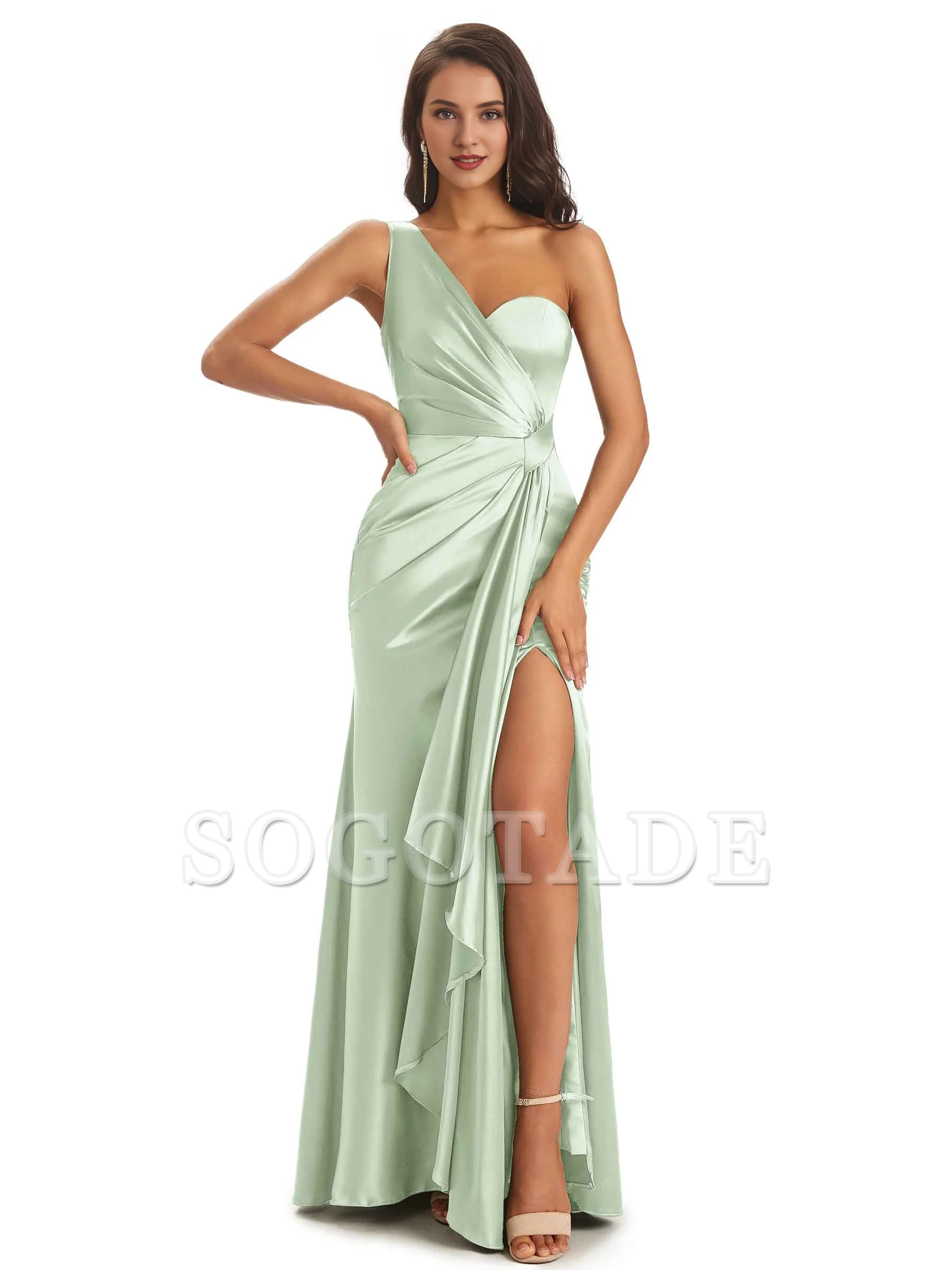 Elegant and soft satin side slit one shoulder unique fish tail bridesmaid dress