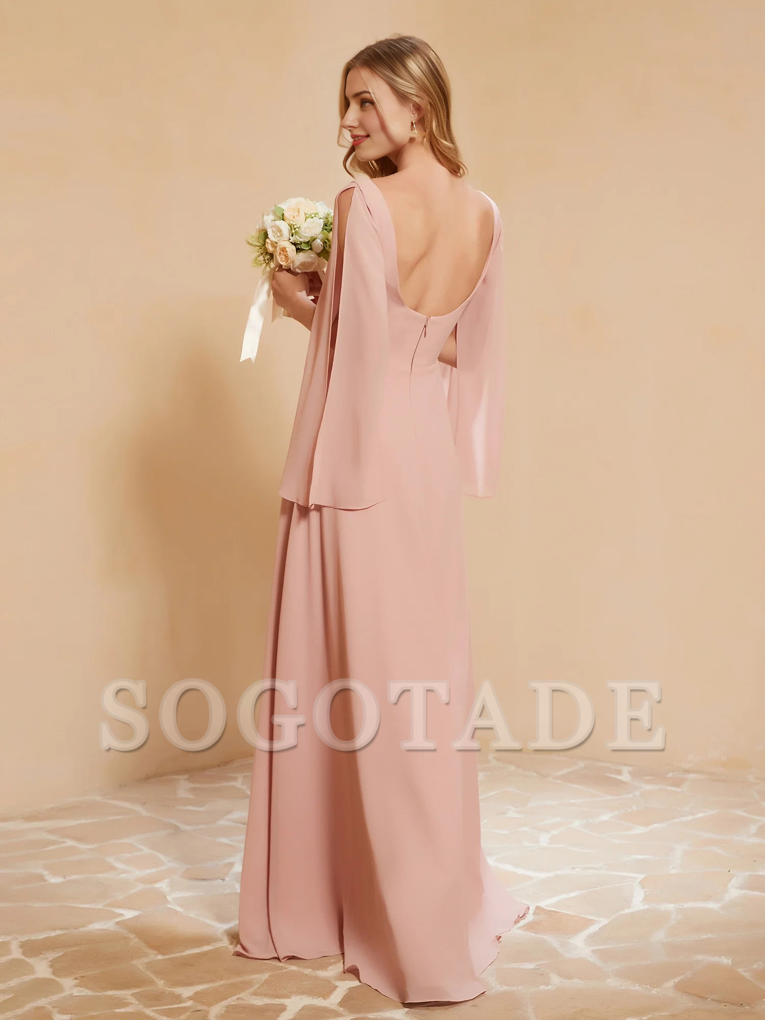 Square neck pleated chiffon and floor dress