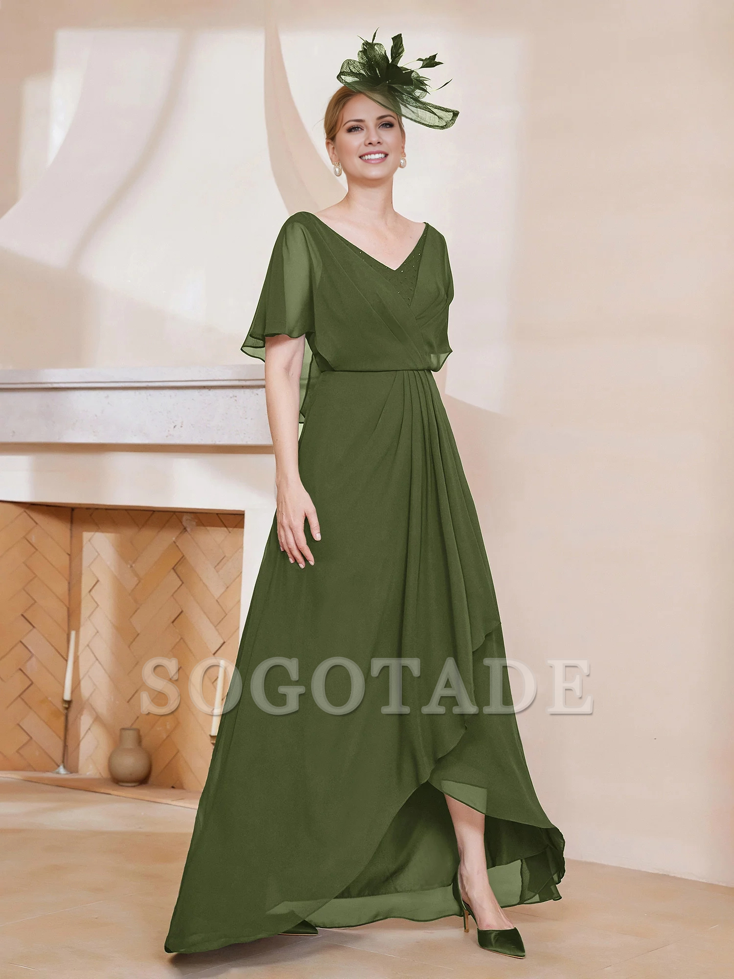 V-neck ruffle sleeves asymmetrical mother of the bride dress