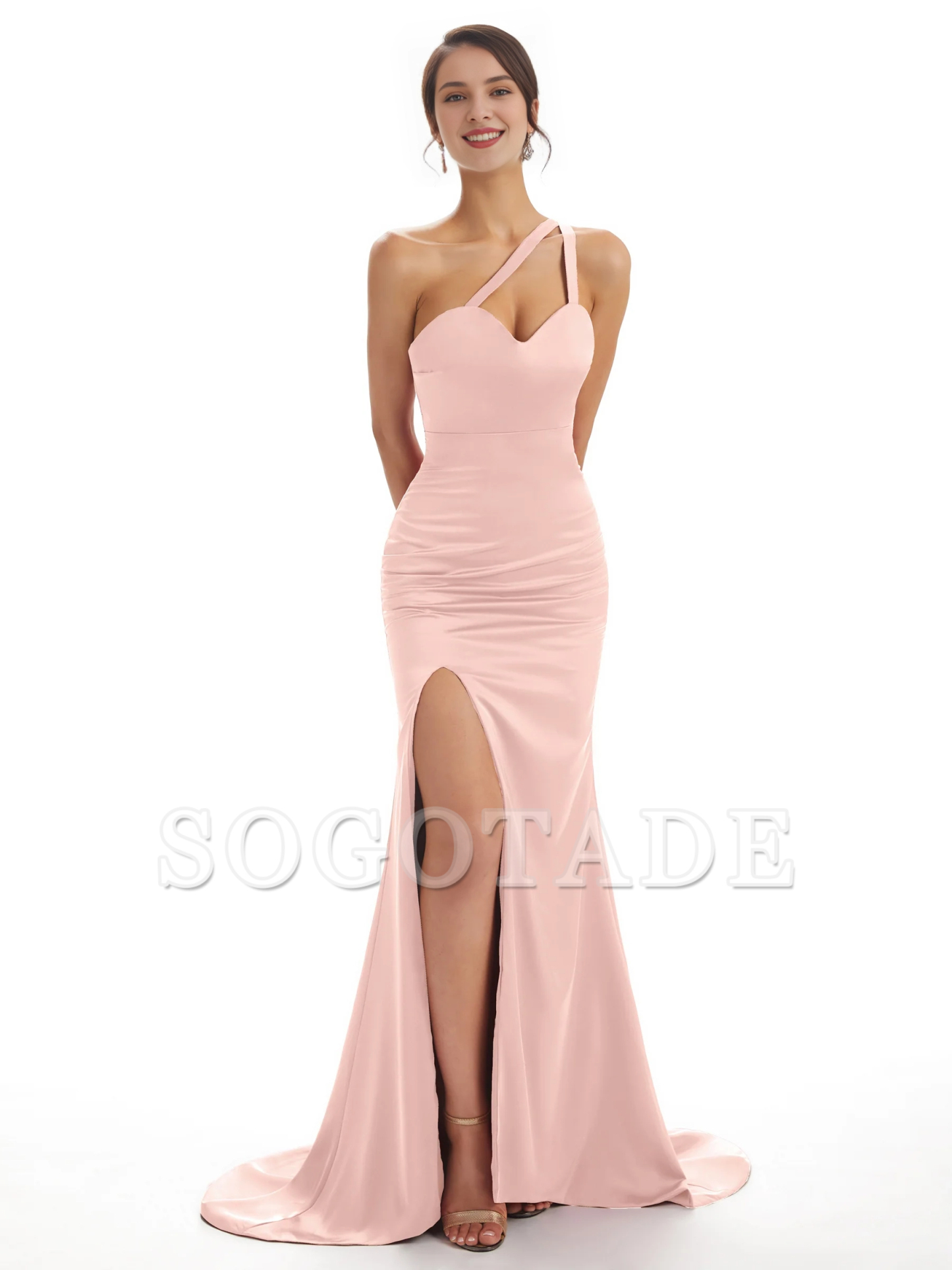 Sexy shoulder soft satin side slit fish tail long bridesmaid dress