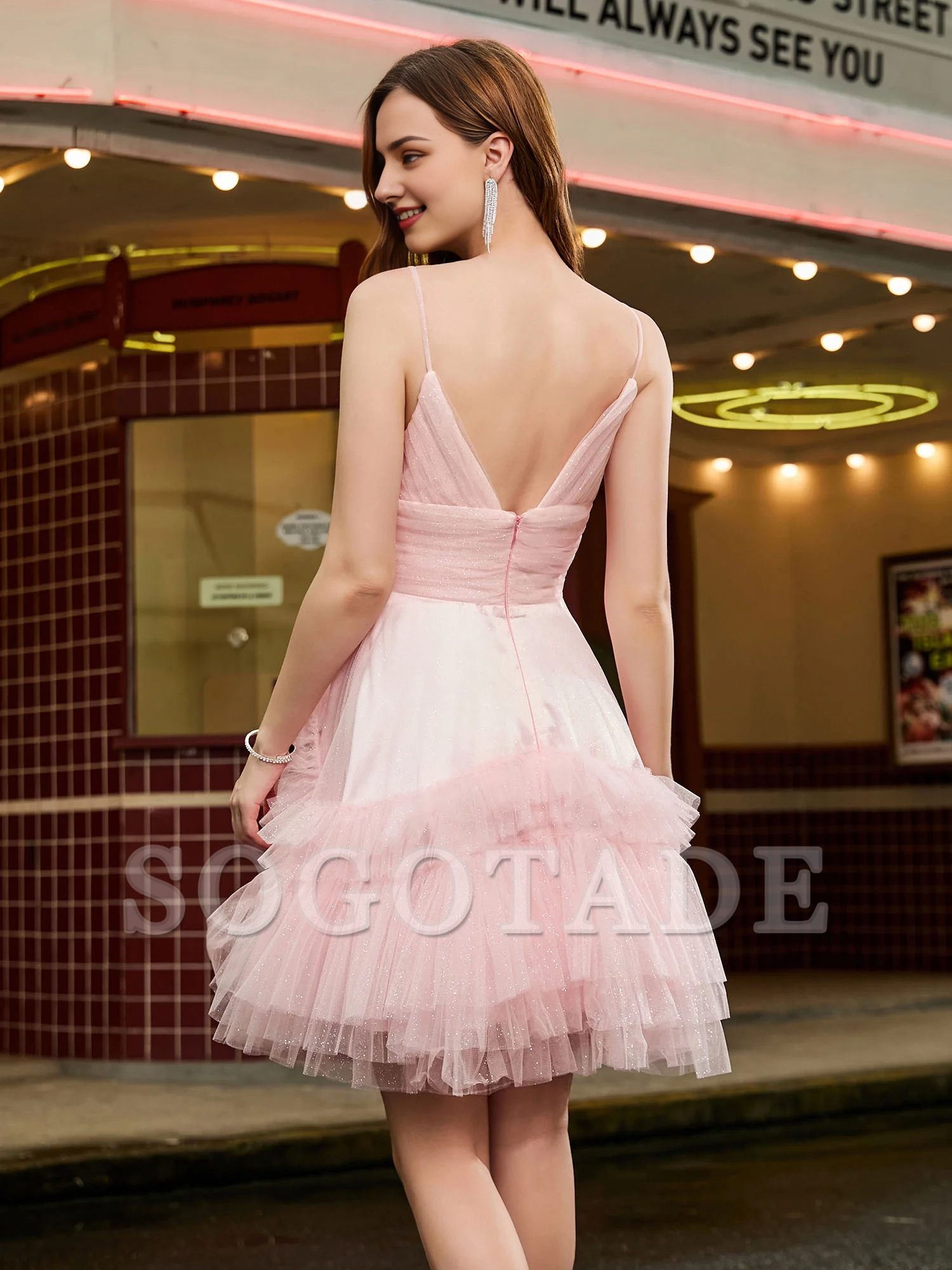 A-line thin gauze layered splicing flash short Homecoming dress