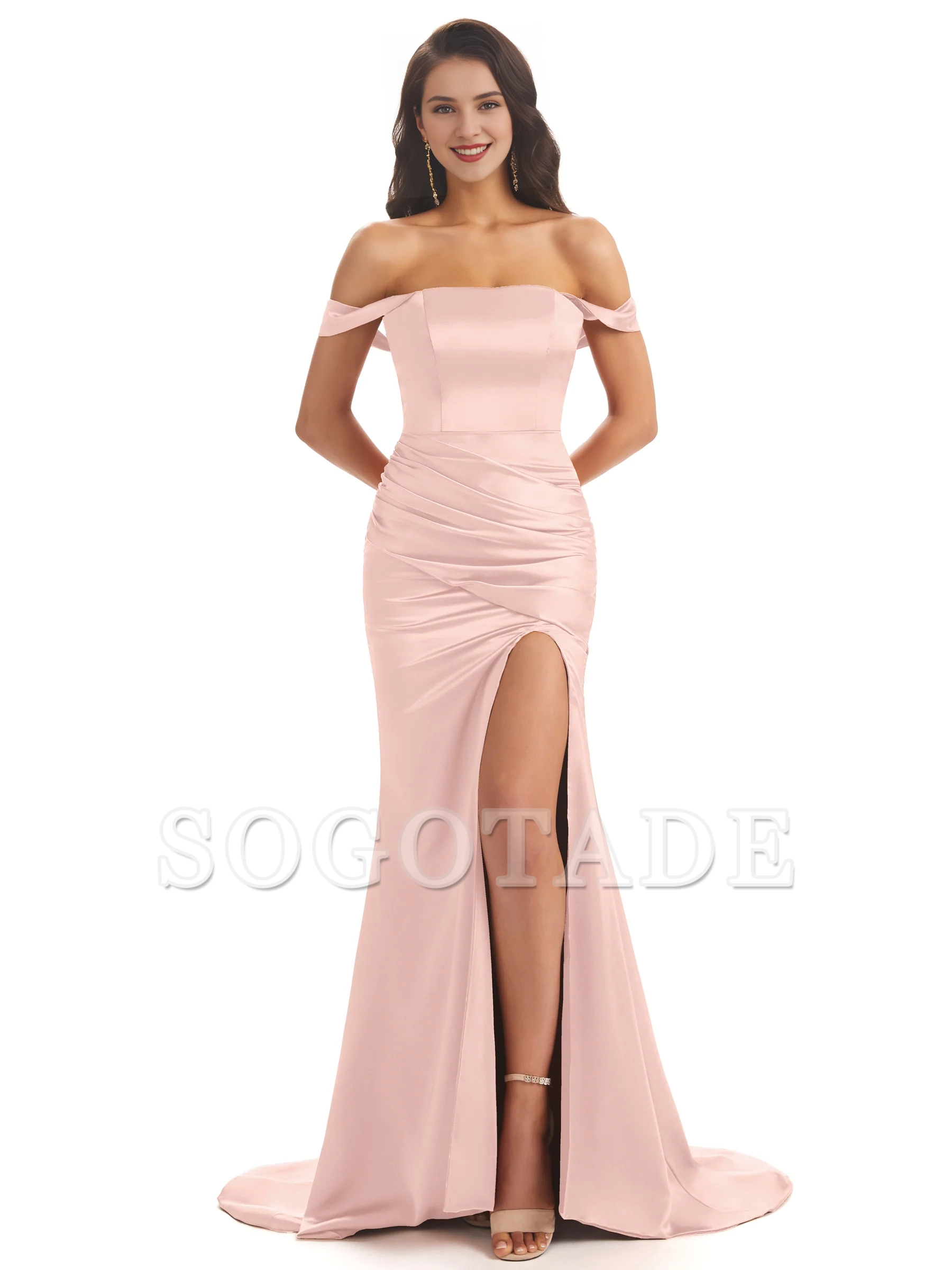 Sexy soft satin off shoulder side slit and floor length fishtail bridesmaid dress