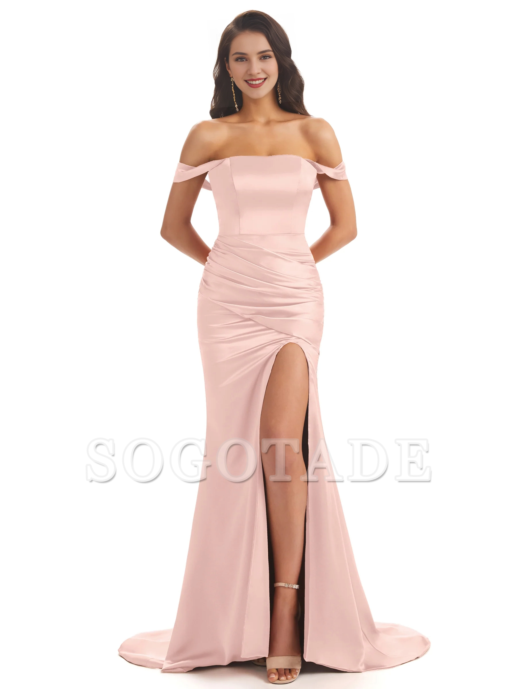 Sexy soft satin off shoulder side slit and floor length fishtail bridesmaid dress