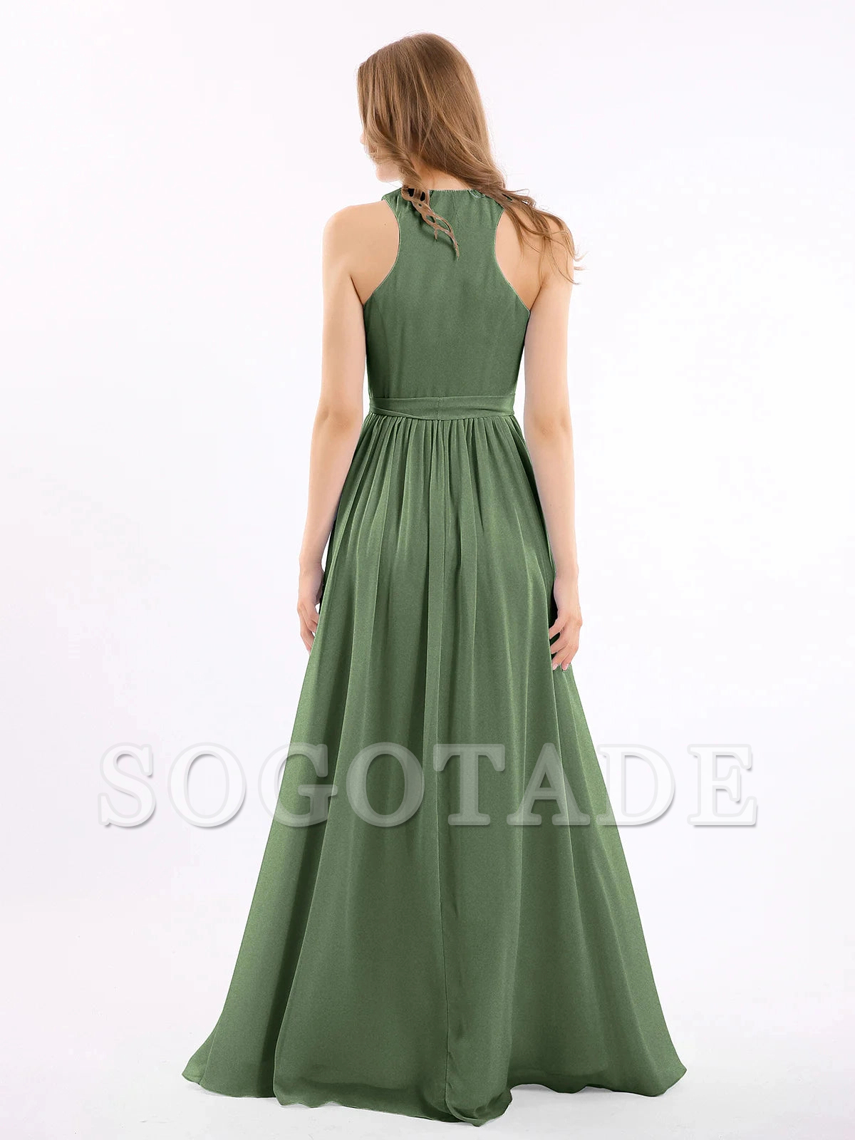 Deep V-neck belt bow chiffon dress