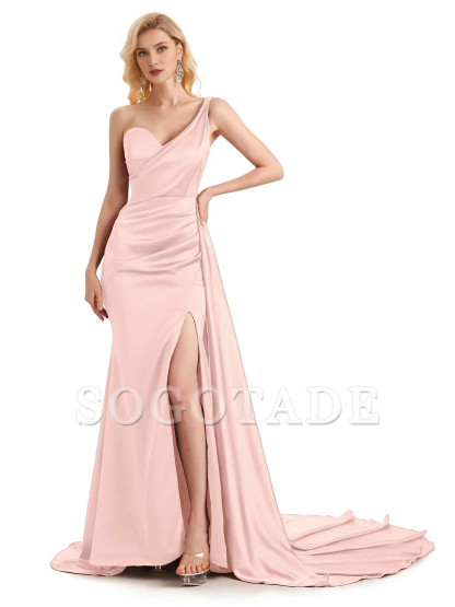 Sexy side slit shoulder long soft satin unique mermaid bridesmaid dress