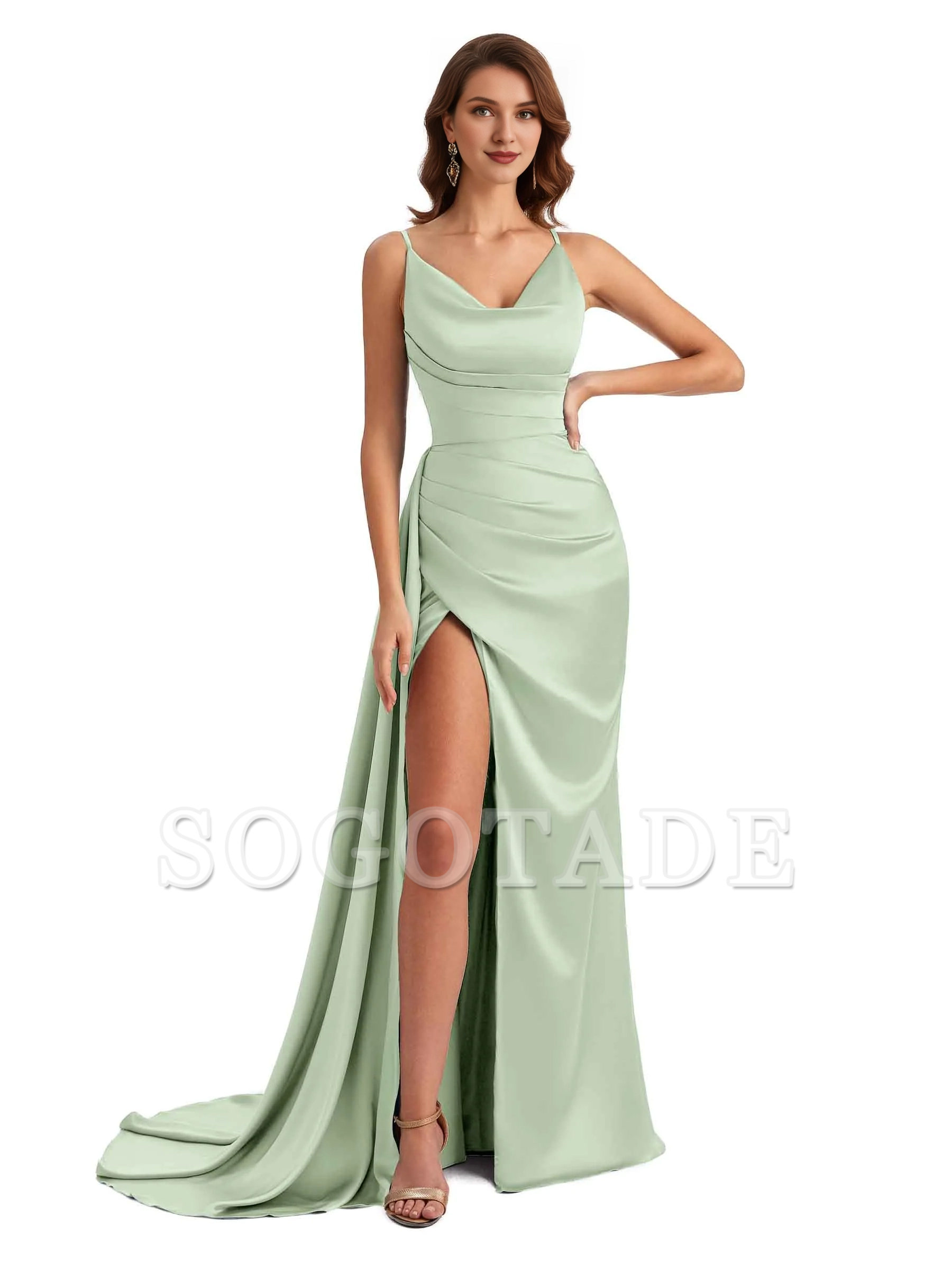 Sexy fishtail side slit hanging neck V-neck soft satin ultra long bridesmaid dress