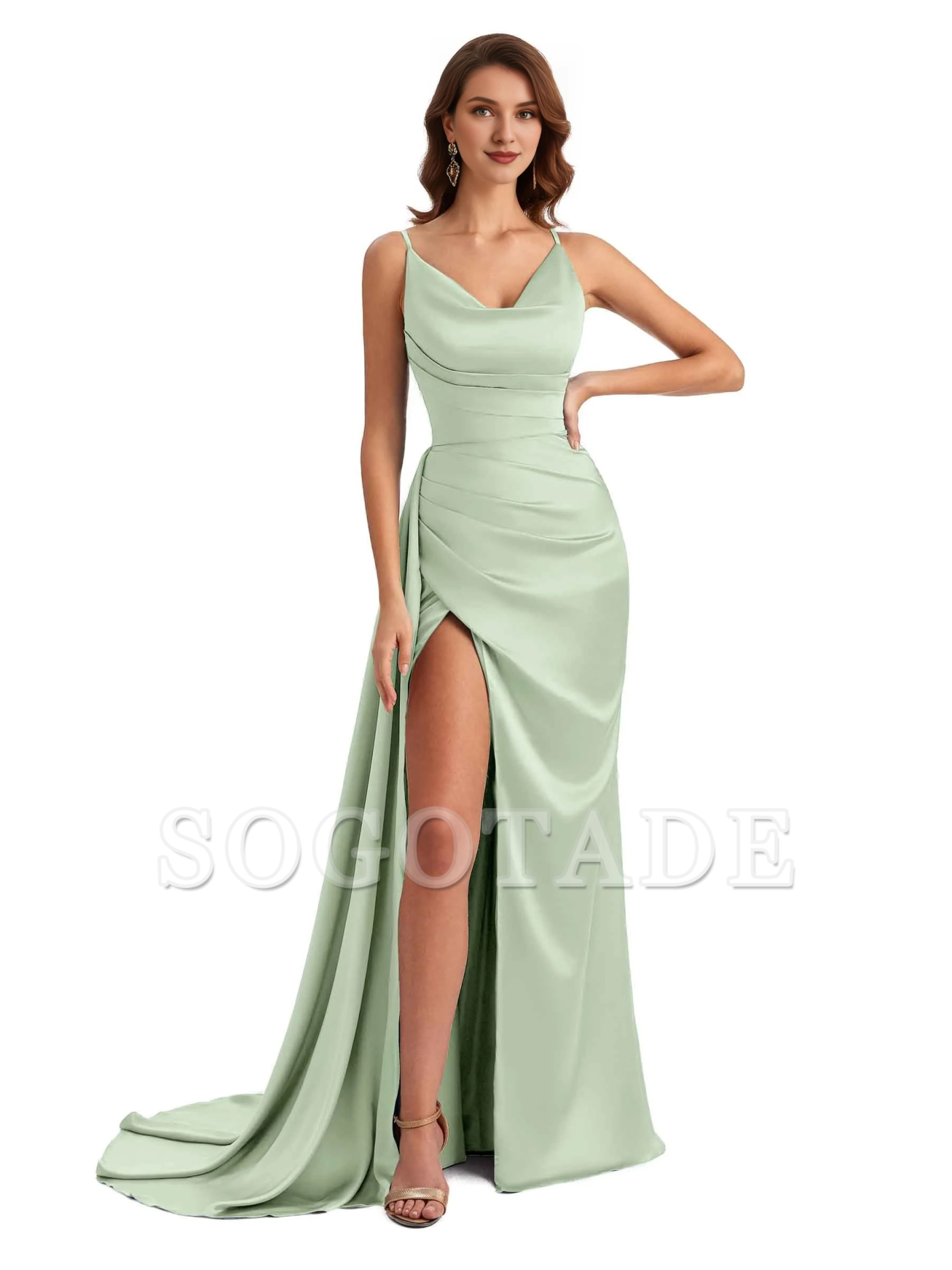 Sexy fishtail side slit hanging neck V-neck soft satin ultra long bridesmaid dress