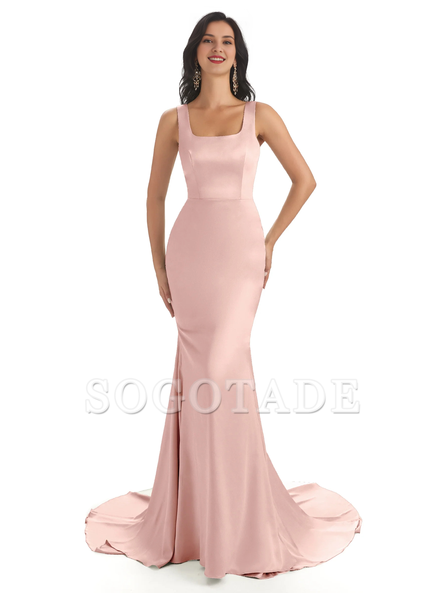 Soft satin unique square neck extra long fish tail bridesmaid dress