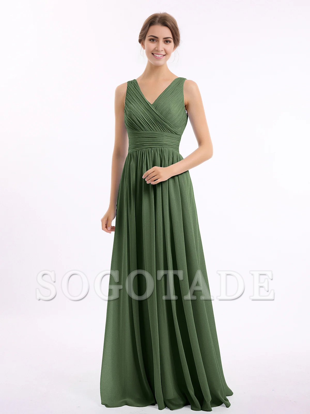 V-neck and floor chiffon dress