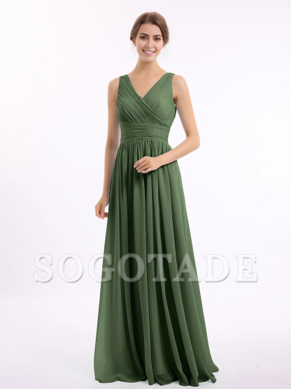 V-neck and floor chiffon dress
