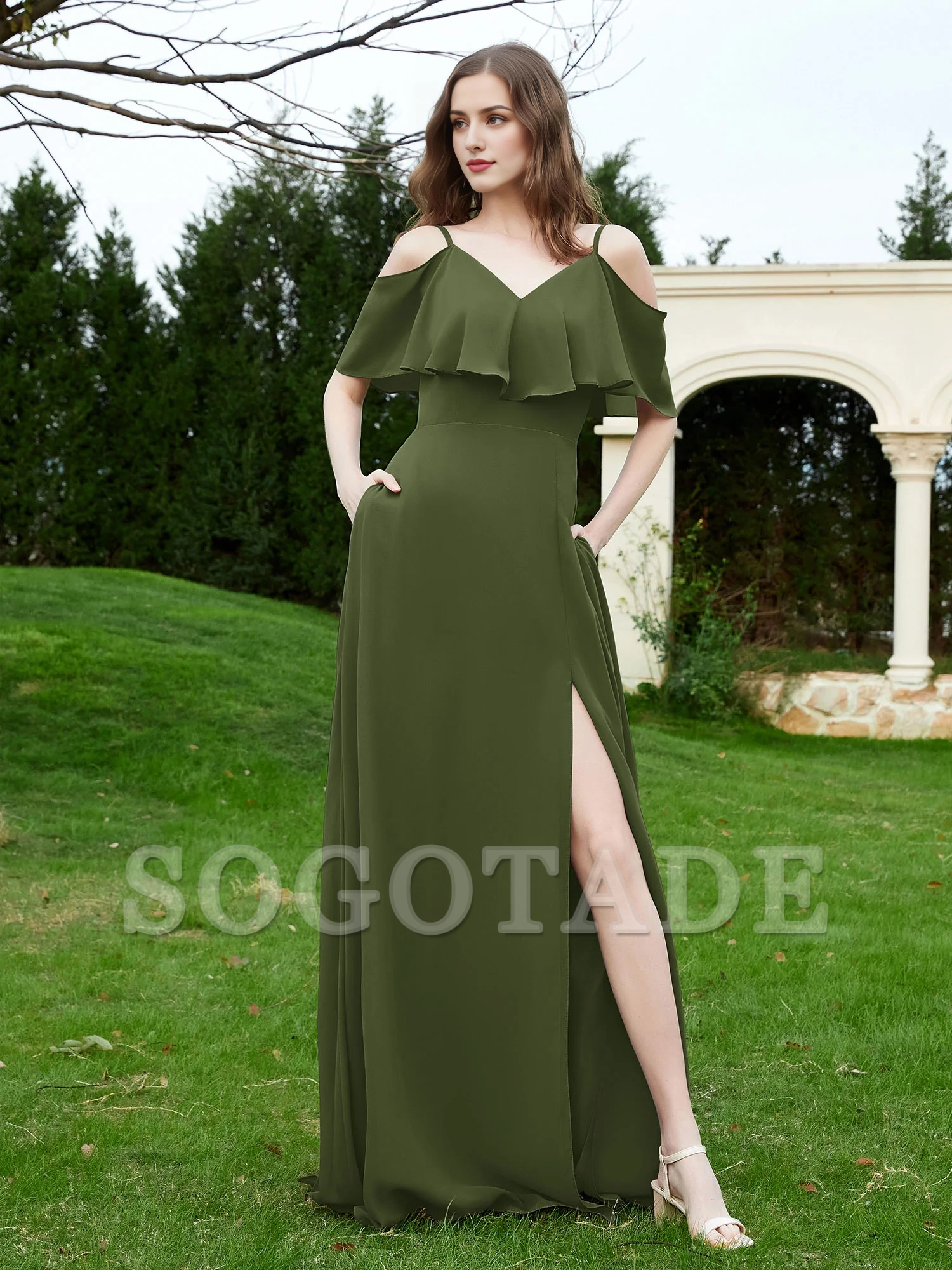 V-neck ruffled chiffon A-line dress