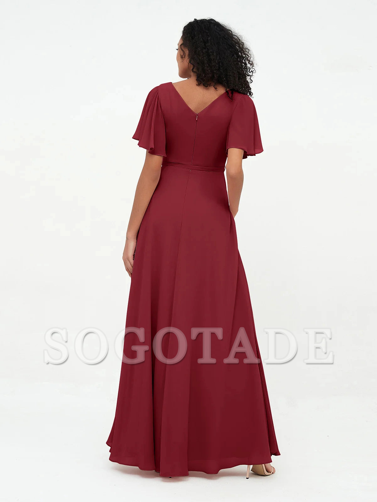Bow fluttering sleeves chiffon bridesmaid dress
