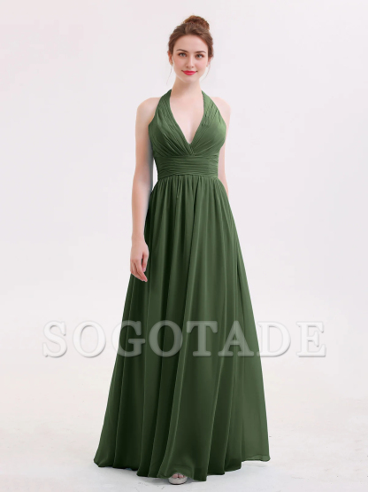 Hanging neck V-neck chiffon bridesmaid dress