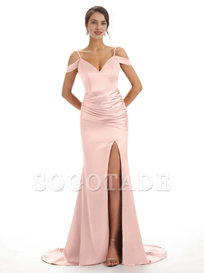 Sexy off shoulder soft satin side slit long fish tail bridesmaid dress