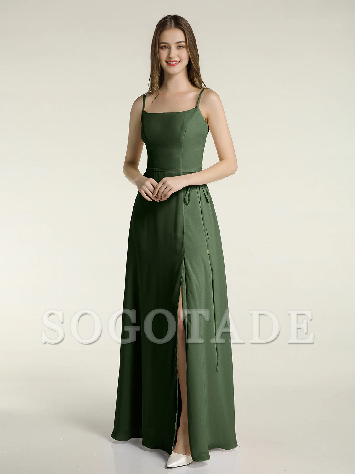 Simple slim shoulder strap slit chiffon dress