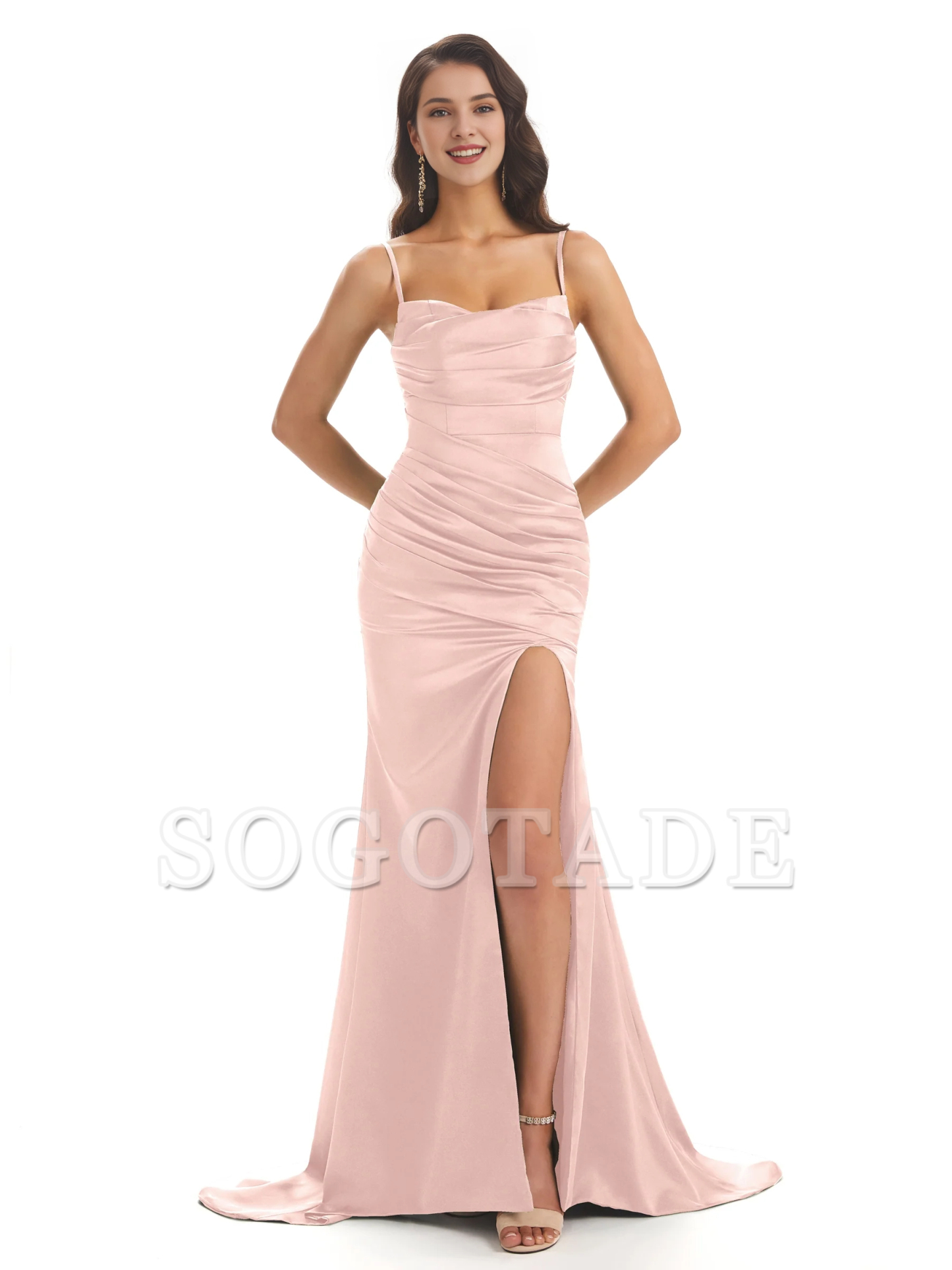Sexy mermaid soft satin thin shoulder strap side slit bridesmaid dress