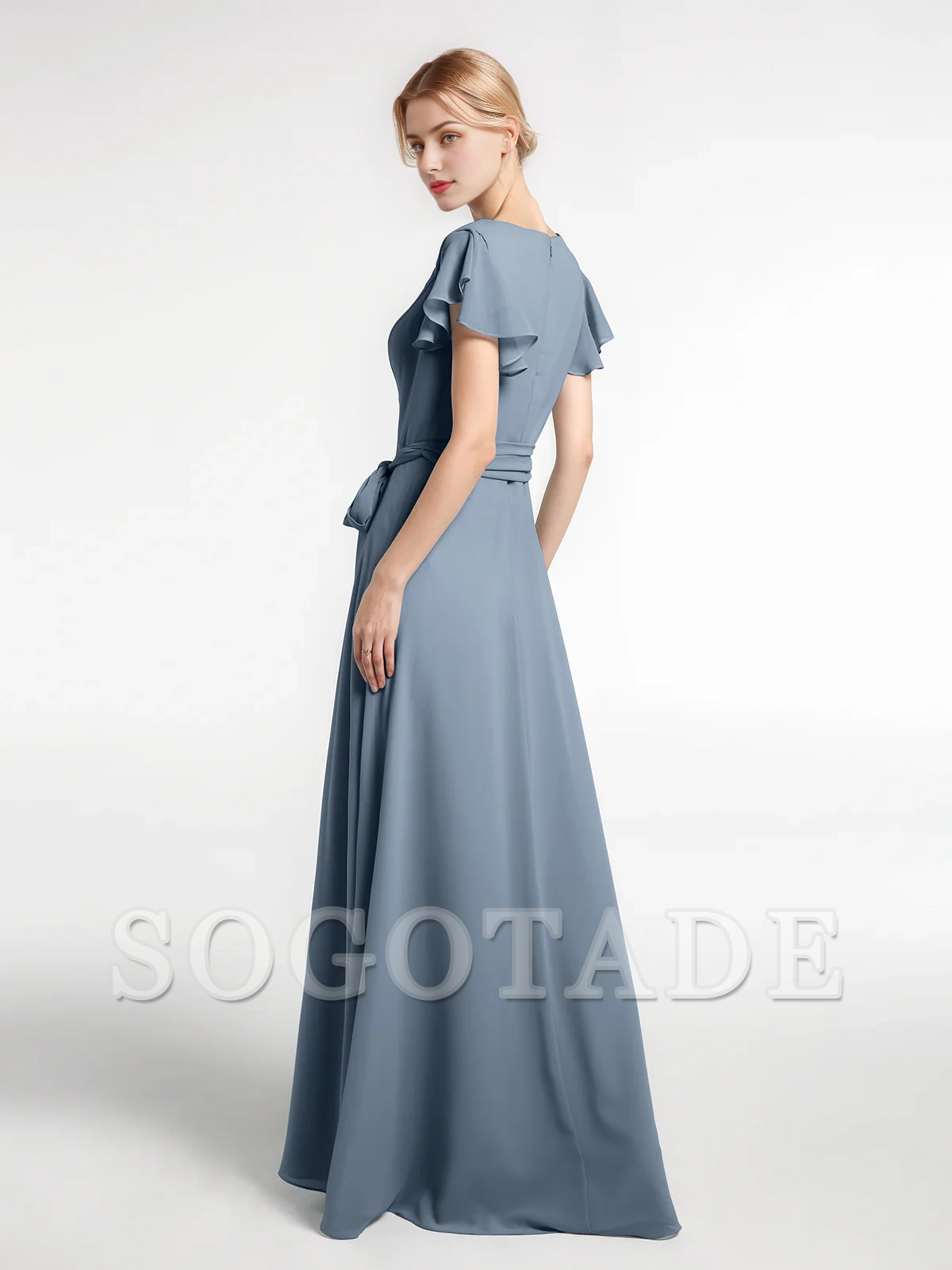 V-neck hooded sleeve self bow chiffon dress