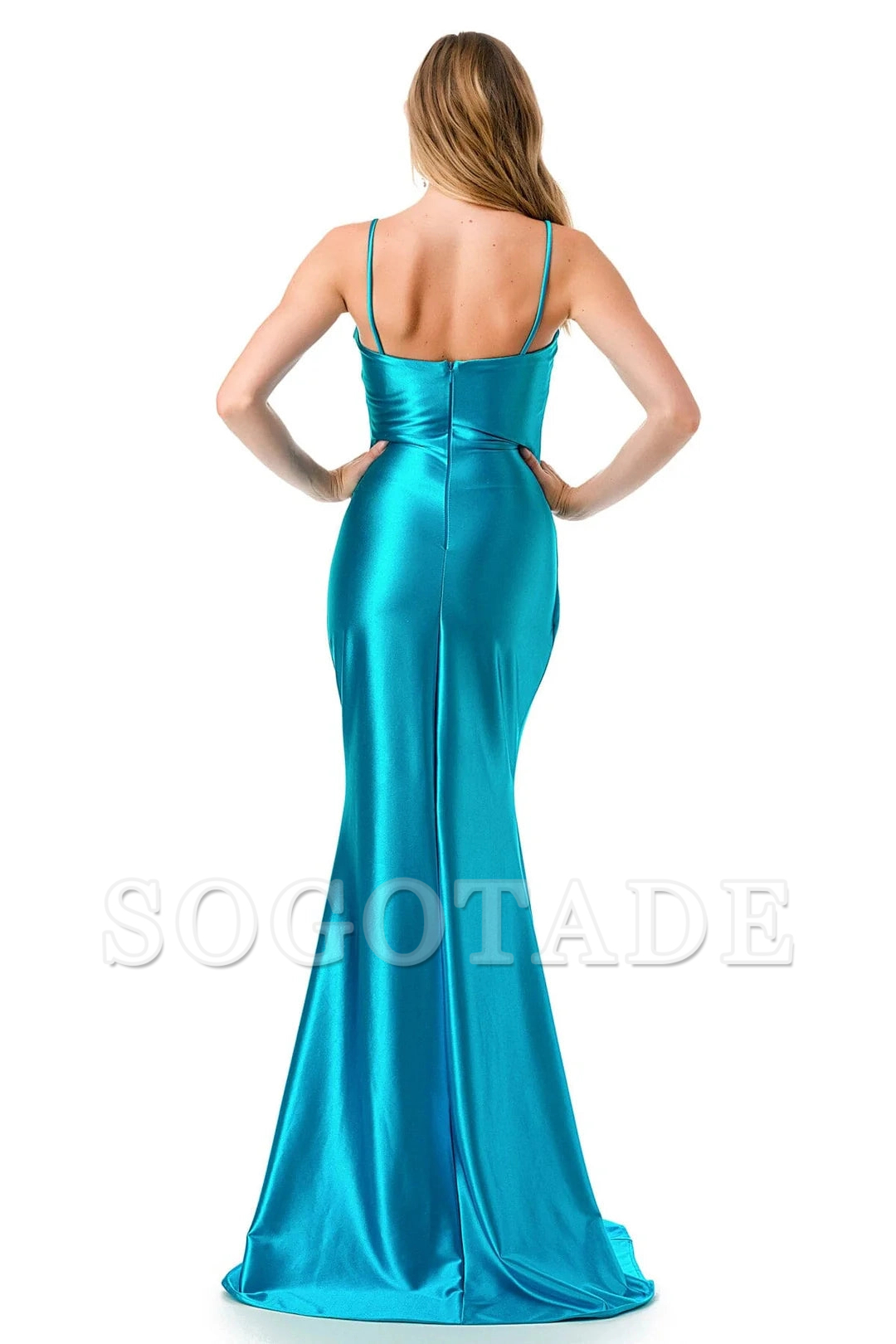 Fitted slit skirt rectangular collar satin dress