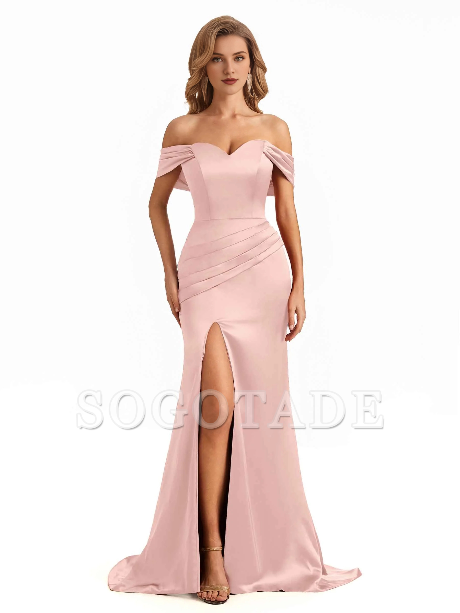 Sexy side slit mermaid off shoulder V-neck extra long soft satin bridesmaid dress