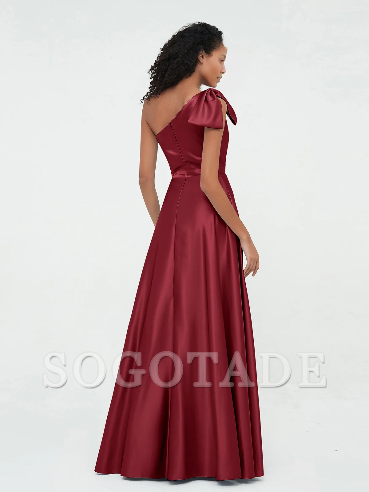 Pocket one shoulder long satin bridesmaid dress