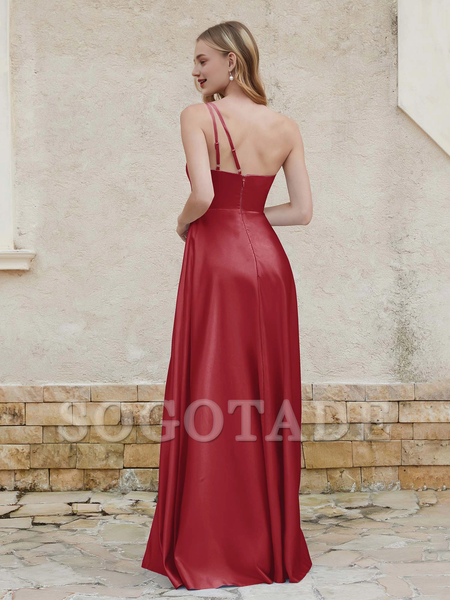 One shoulder satin dress with pocket bridesmaid dress