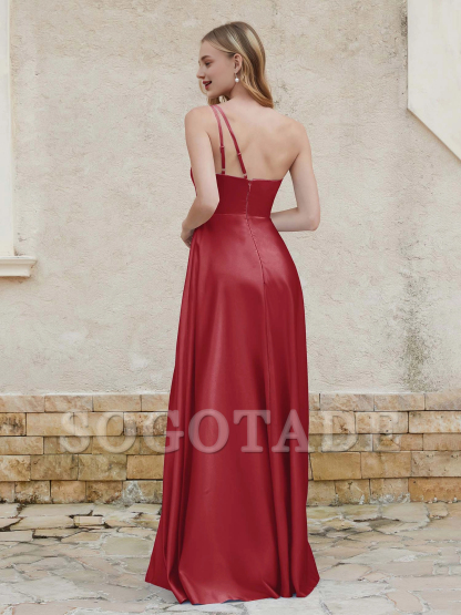One shoulder satin dress with pocket bridesmaid dress