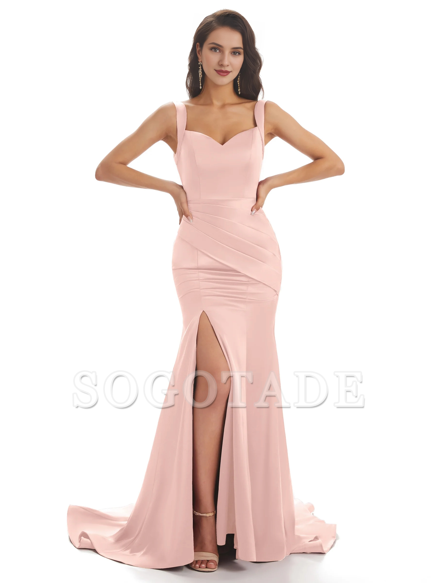 Sexy and soft satin side slit shoulder strap square and floor length fishtail bridesmaid dress