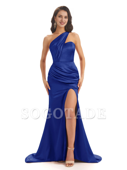 Sexy soft satin side slit one shoulder long fish tail bridesmaid dress
