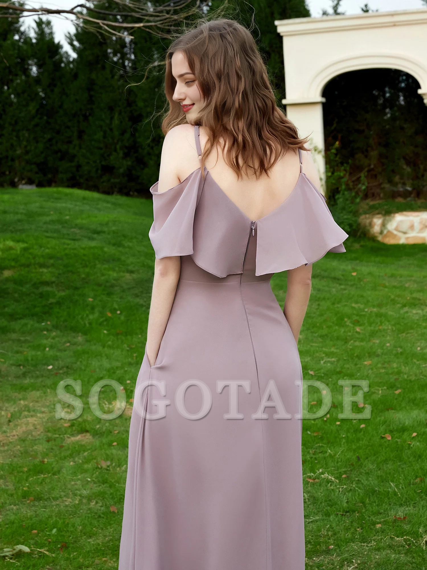 V-neck ruffled chiffon A-line dress